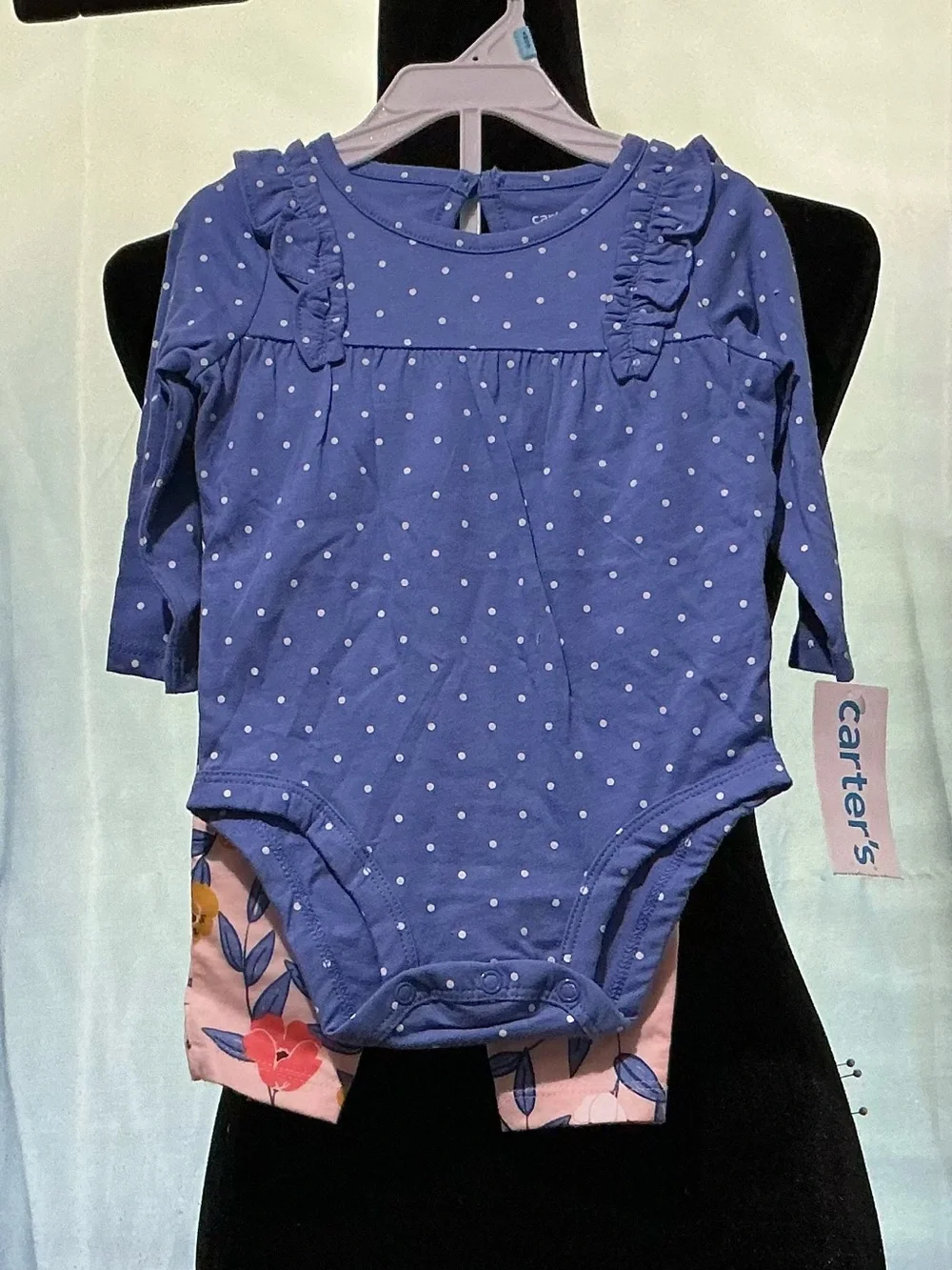 Carter's Blue Polka Dot Ruffle-Shoulder Long-Sleeve One-Piece